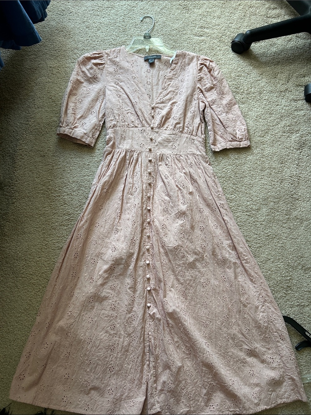 Eyelet Button-Front Midi Dress in Blush by Unknown